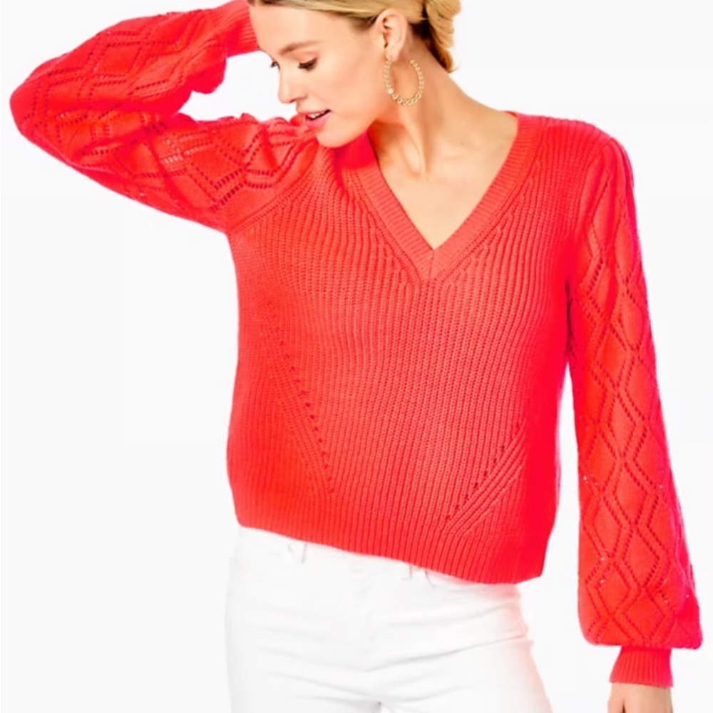 Lilly Pulitzer Coral V-Neck Sweater with Puff Sleeves